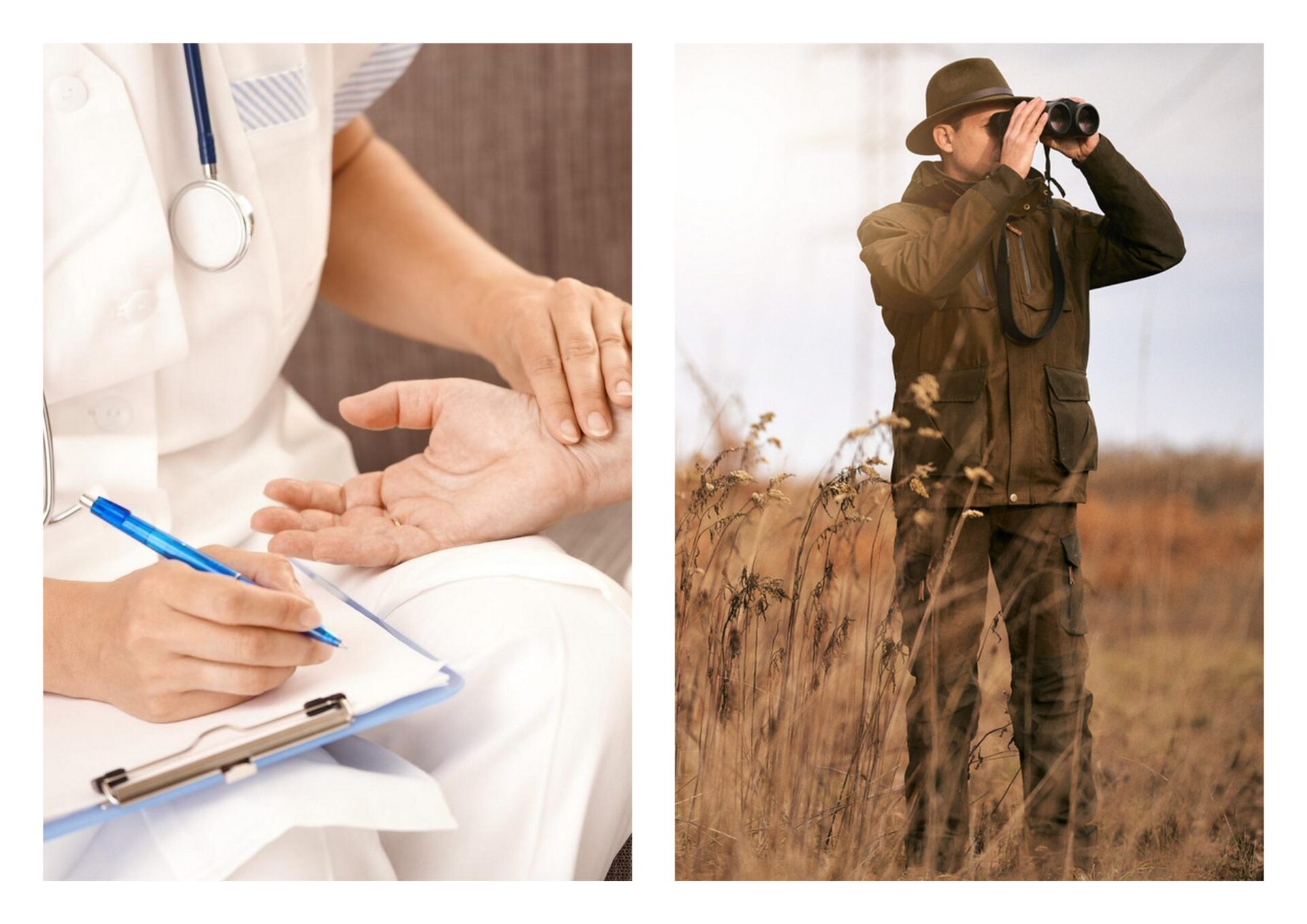 Orvos vérnyomást vizsgál, egy vadász távcsővel figyel.
